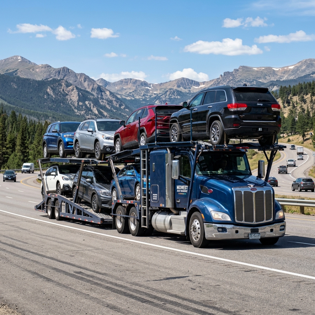 Open auto transport carrier truck shipping cars from Dover