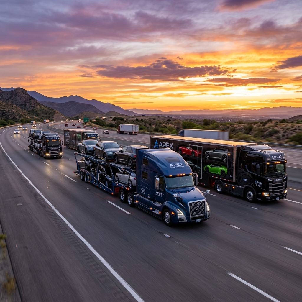 Fleet of professional enclosed car carriers and open transport trucks delivering vehicles safely