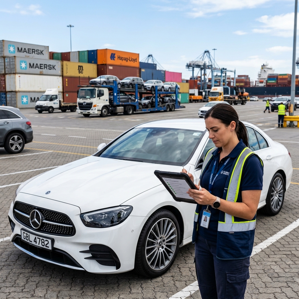 Car Shipping Inspection Process: Inspector documenting vehicle condition